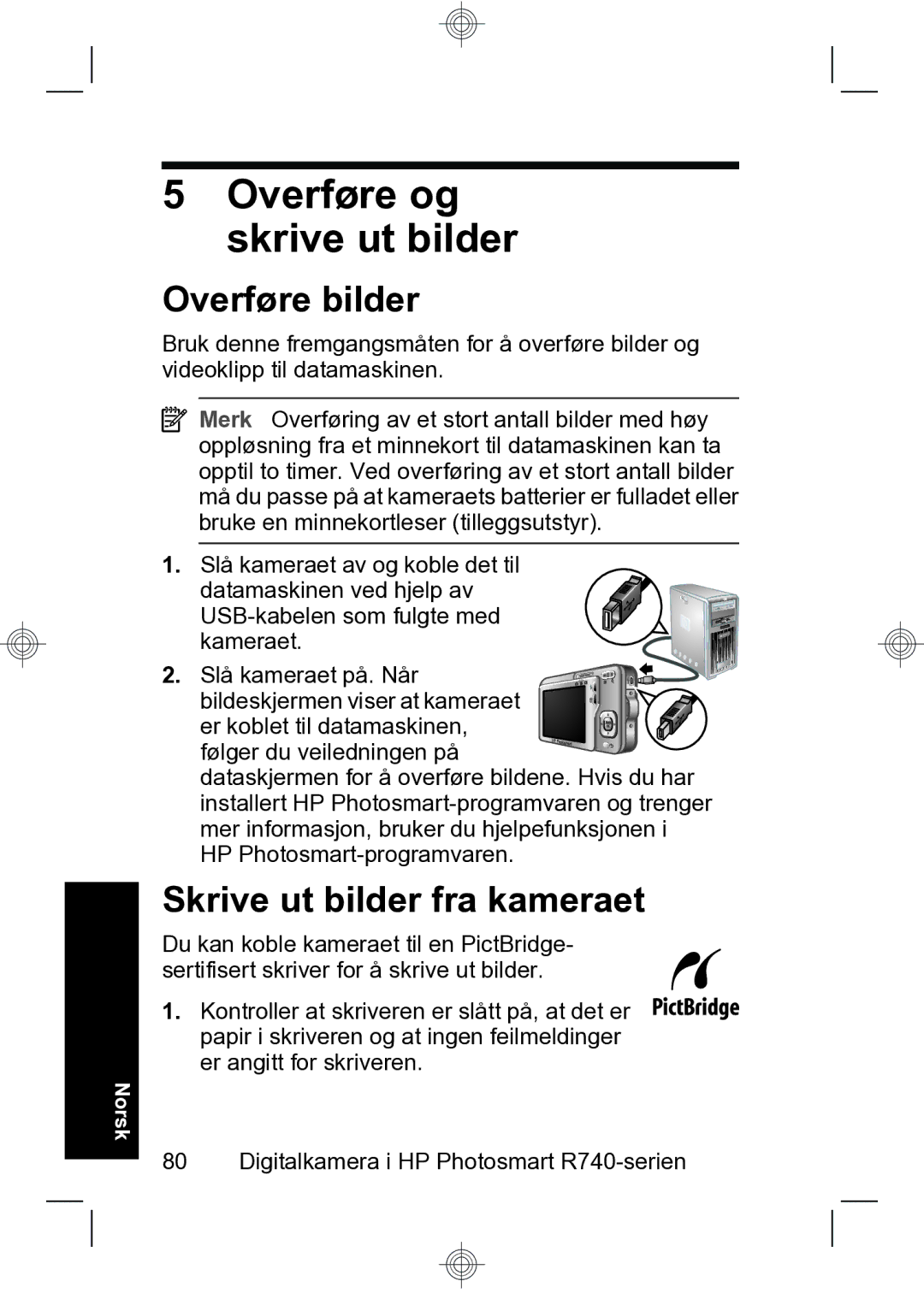 HP R740 manual Overføre og skrive ut bilder, Overføre bilder, Skrive ut bilder fra kameraet 