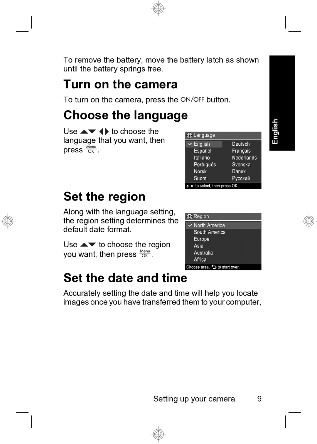 HP R740 manual Turn on the camera, Choose the language, Set the region, Set the date and time 