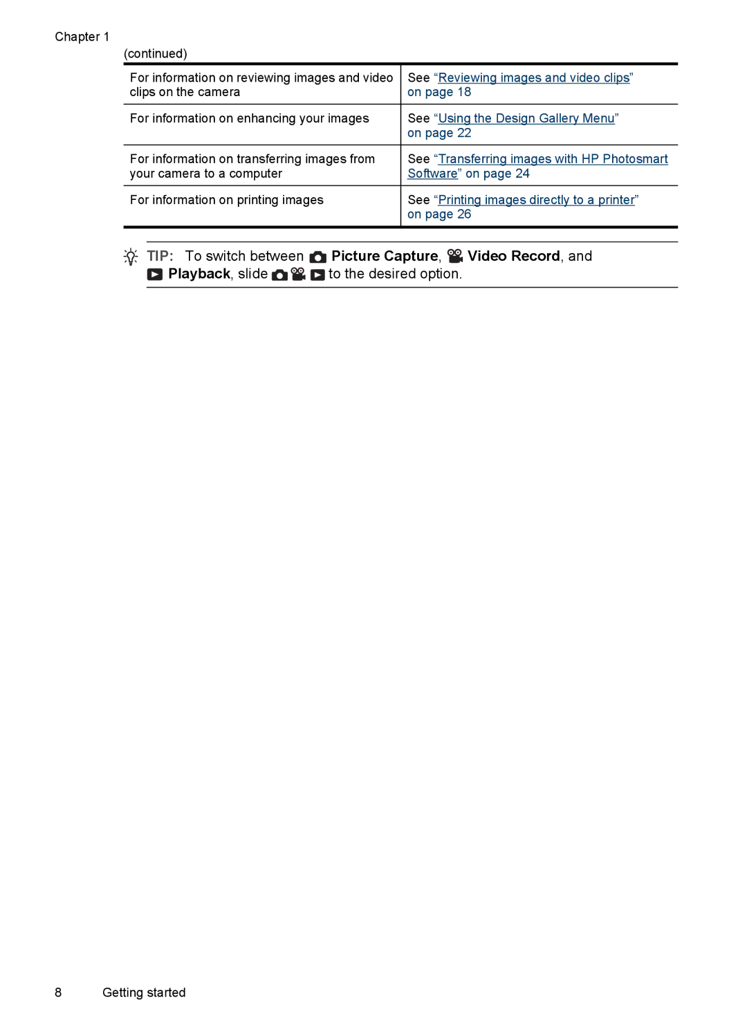 HP R742 manual TIP To switch between Picture Capture, Video Record 