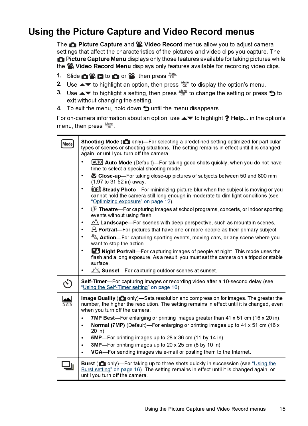 HP R742 manual Using the Picture Capture and Video Record menus 