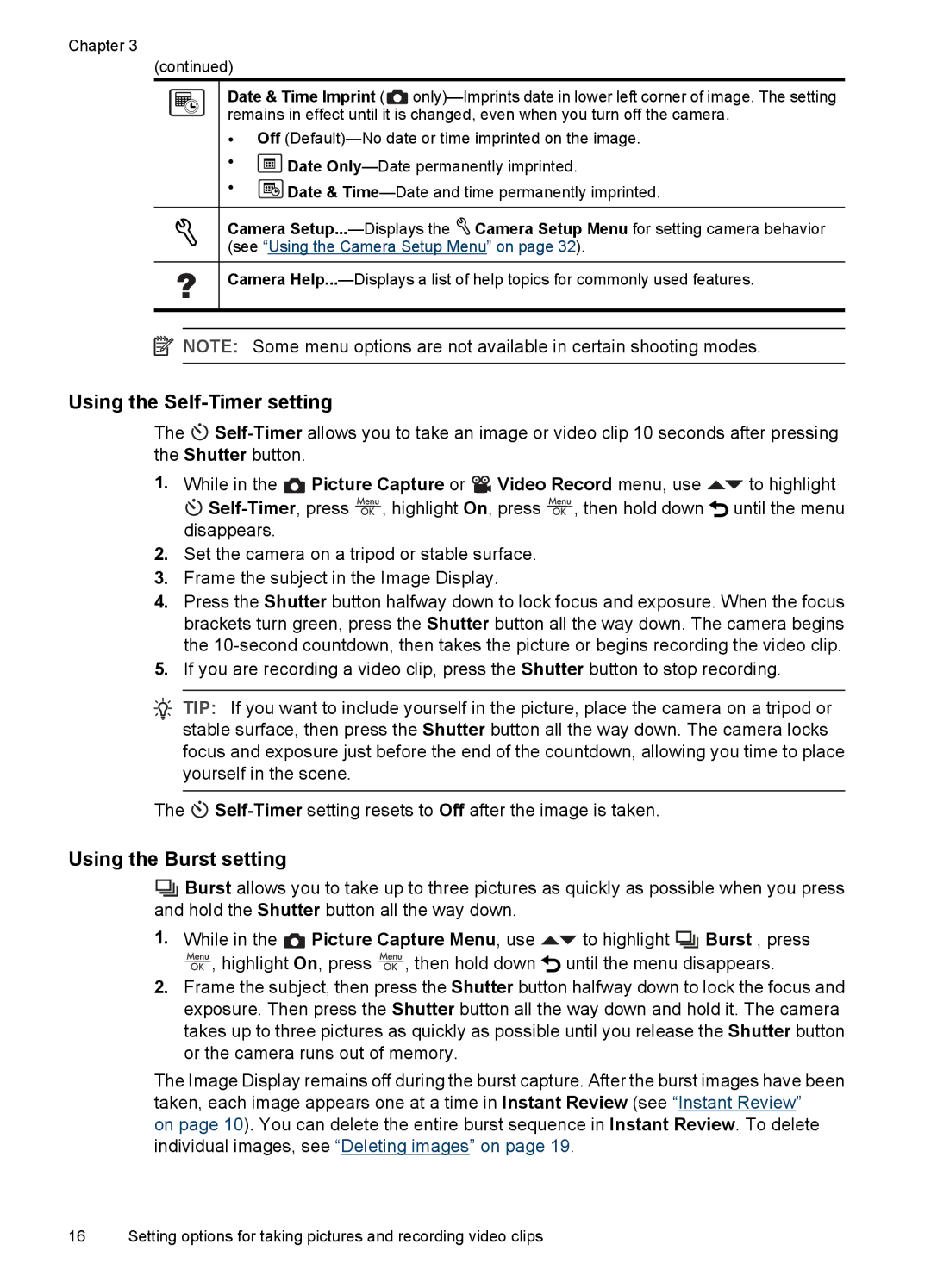 HP R742 manual Using the Self-Timer setting, Using the Burst setting 