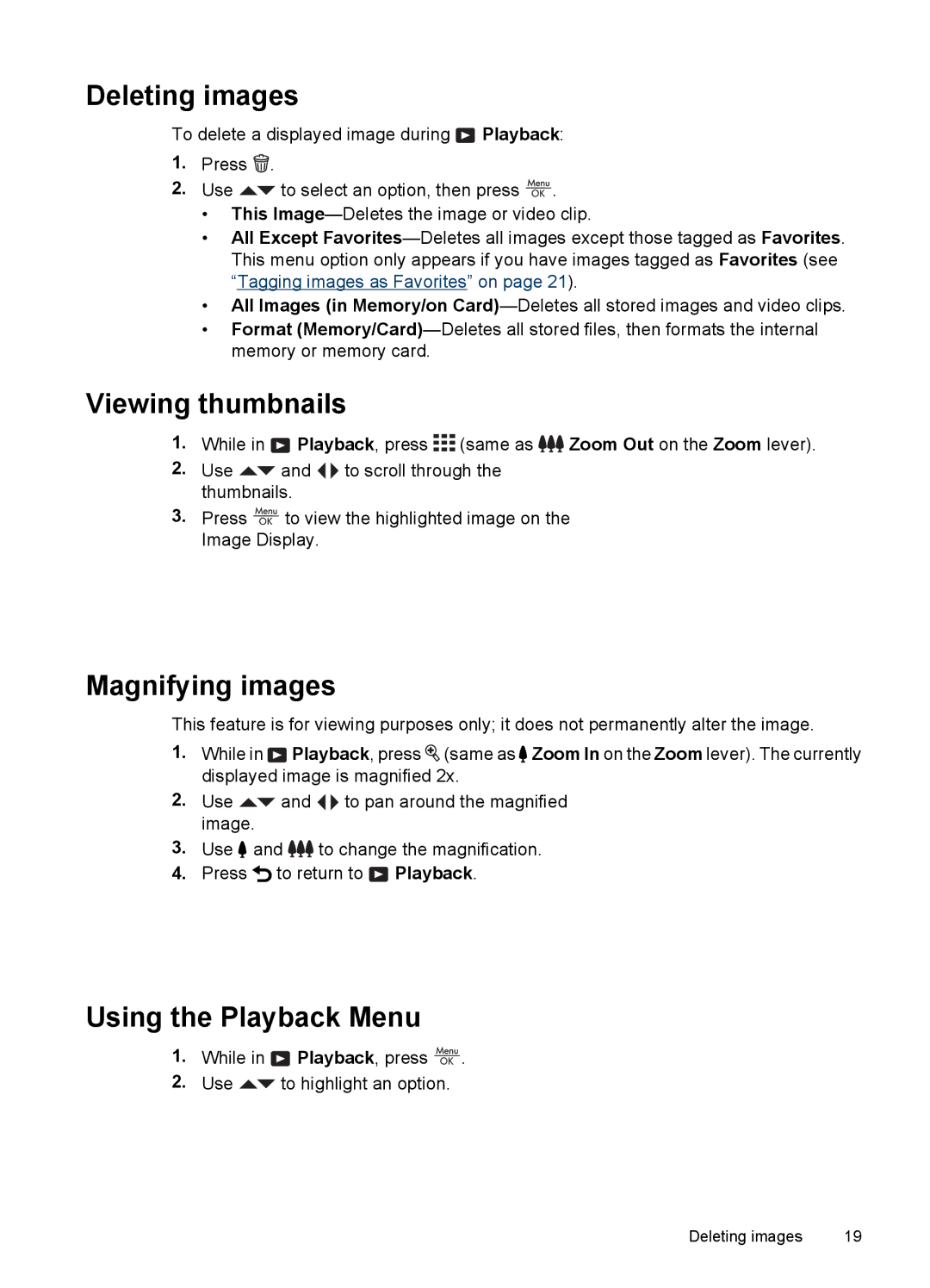 HP R742 manual Deleting images, Viewing thumbnails, Magnifying images, Using the Playback Menu 