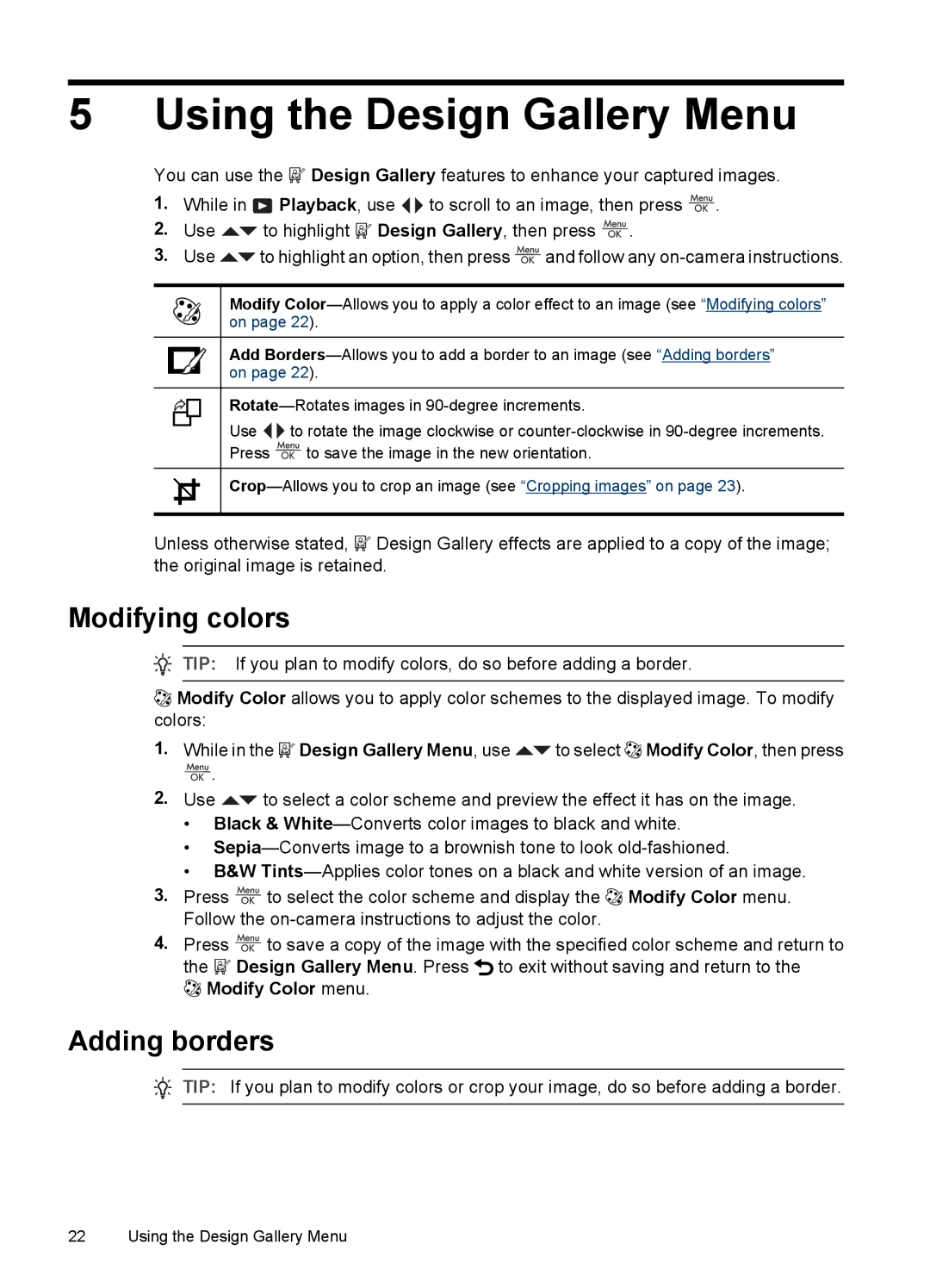 HP R742 manual Using the Design Gallery Menu, Modifying colors, Adding borders, Modify Color menu 