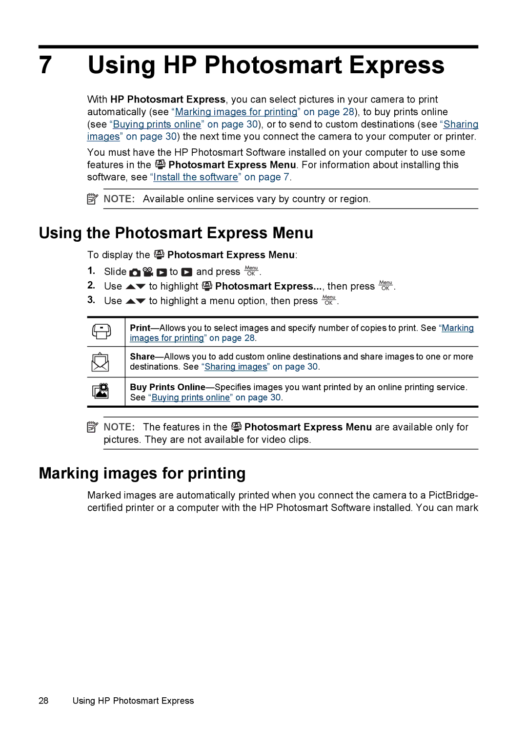 HP R742 manual Using HP Photosmart Express, Using the Photosmart Express Menu, Marking images for printing 