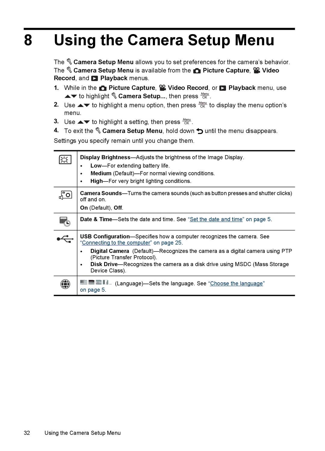 HP R742 manual Using the Camera Setup Menu 