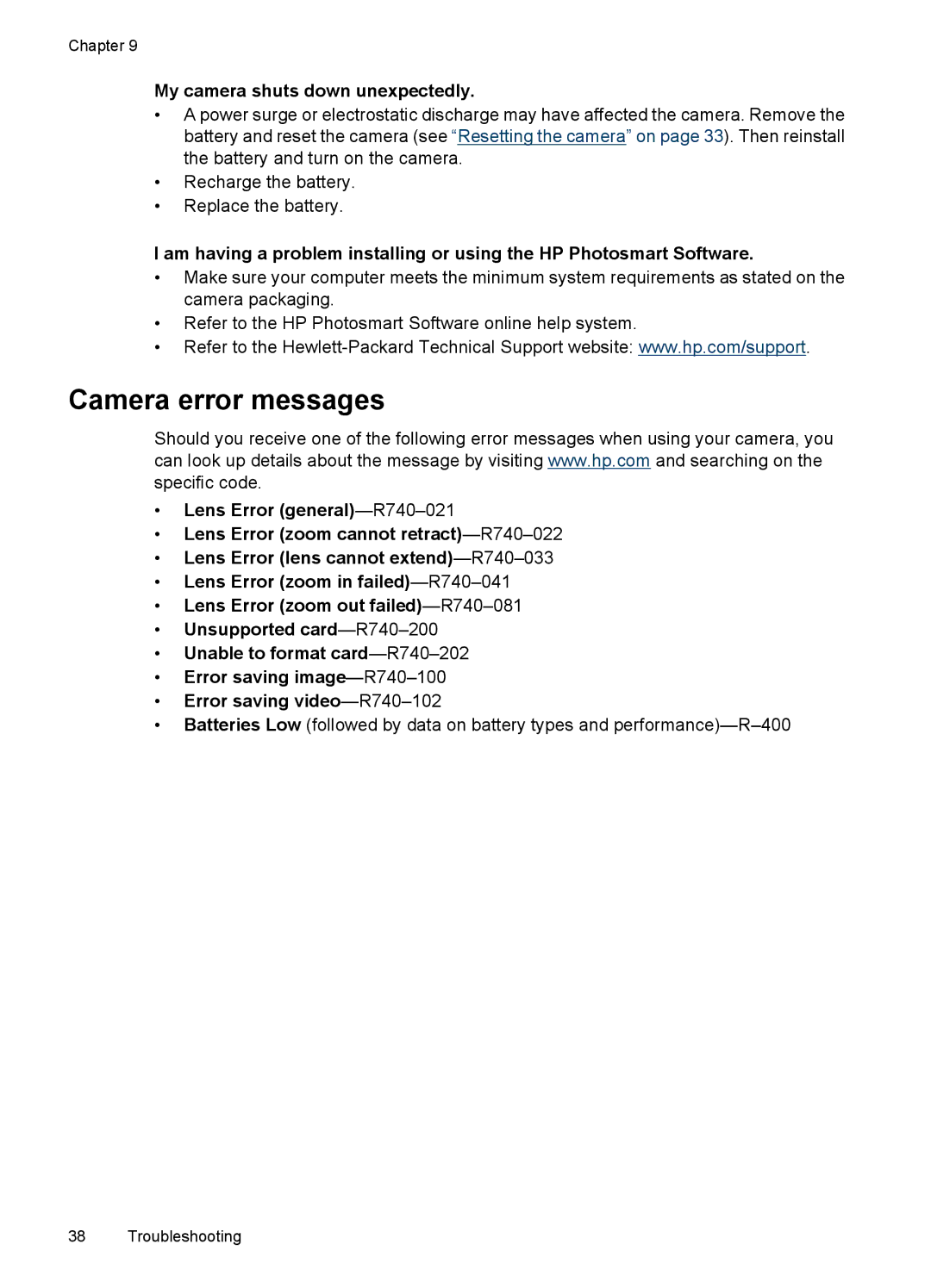 HP R742 manual Camera error messages, My camera shuts down unexpectedly 