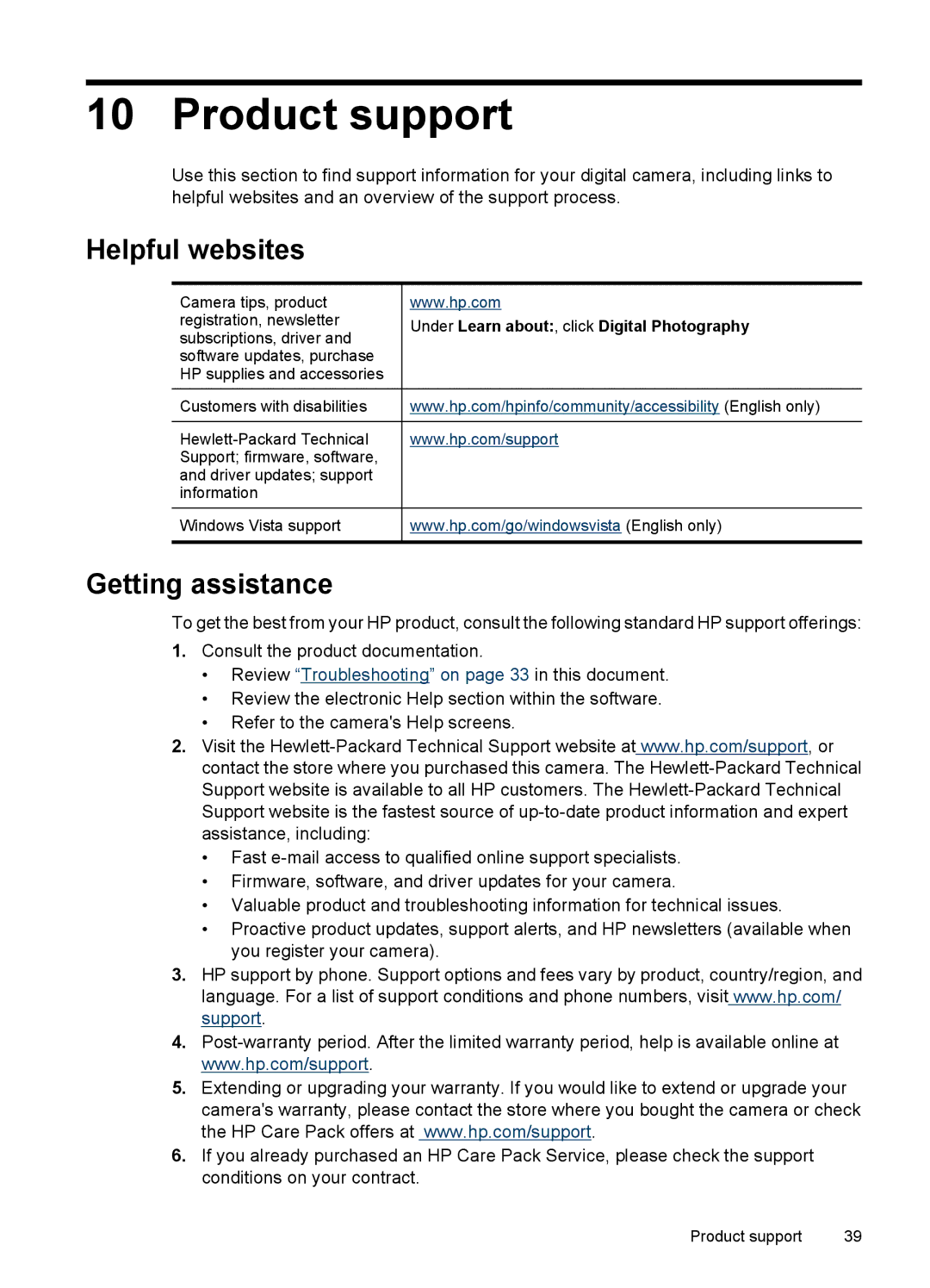 HP R742 manual Product support, Helpful websites, Getting assistance, Under Learn about , click Digital Photography 