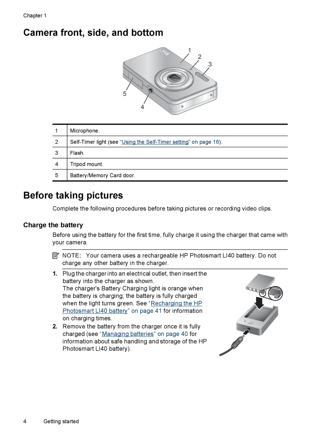 HP R742 manual Camera front, side, and bottom, Before taking pictures, Charge the battery 