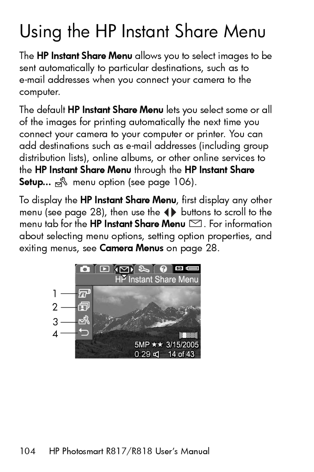 HP R817 manual Using the HP Instant Share Menu 