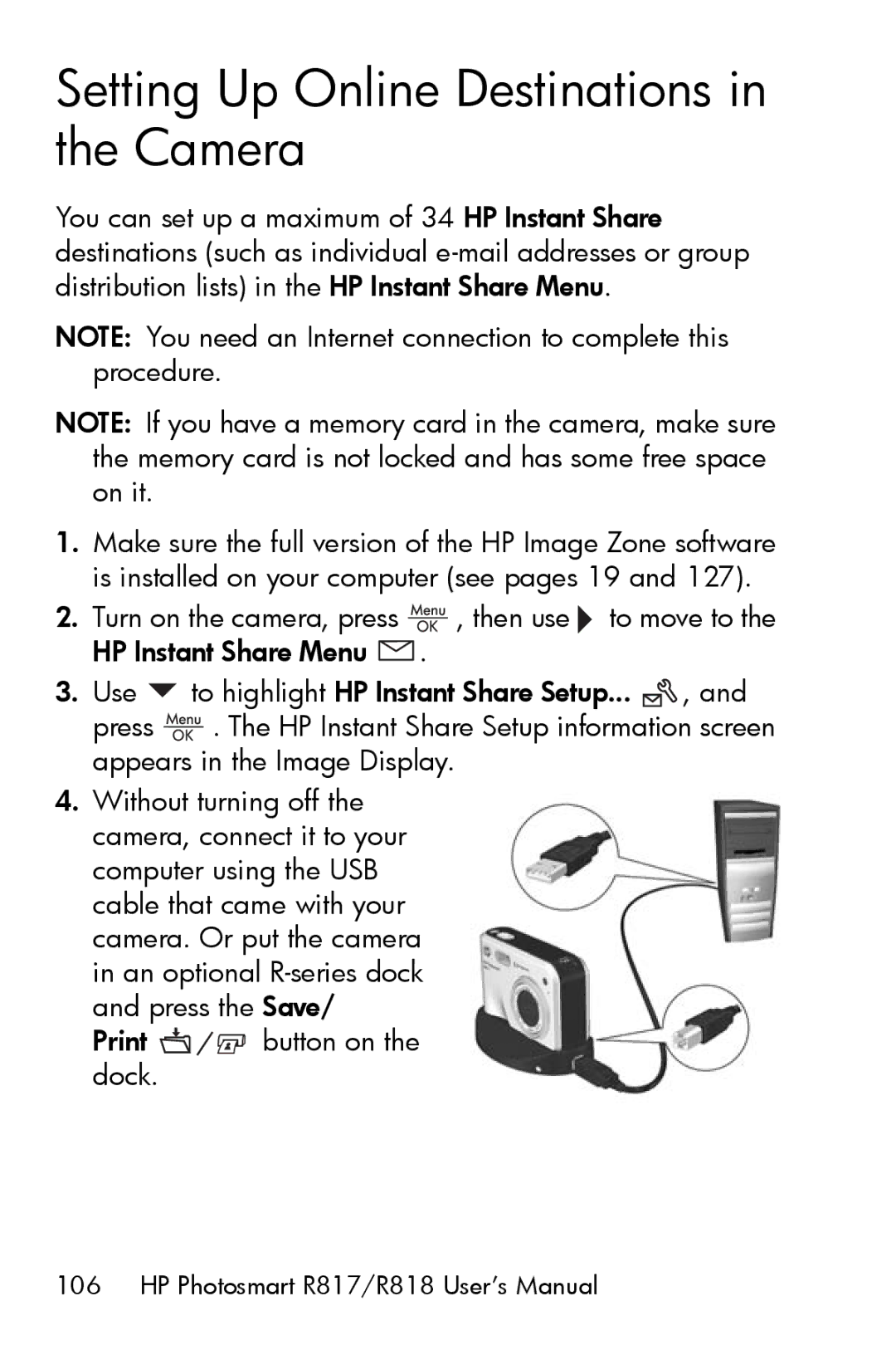 HP R817 manual Setting Up Online Destinations in the Camera 