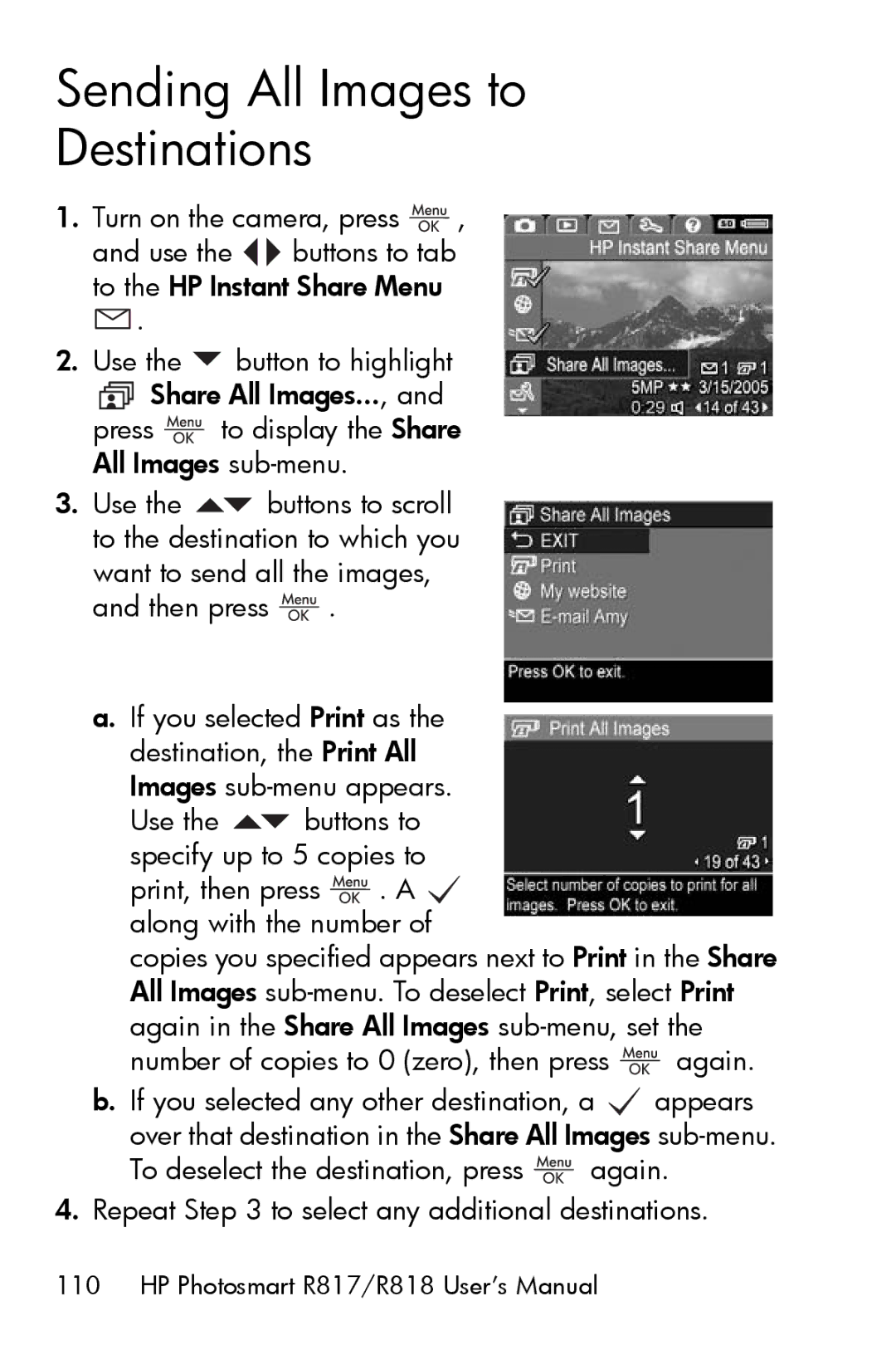 HP R817 manual Sending All Images to Destinations, Number of copies to 0 zero, then press again 