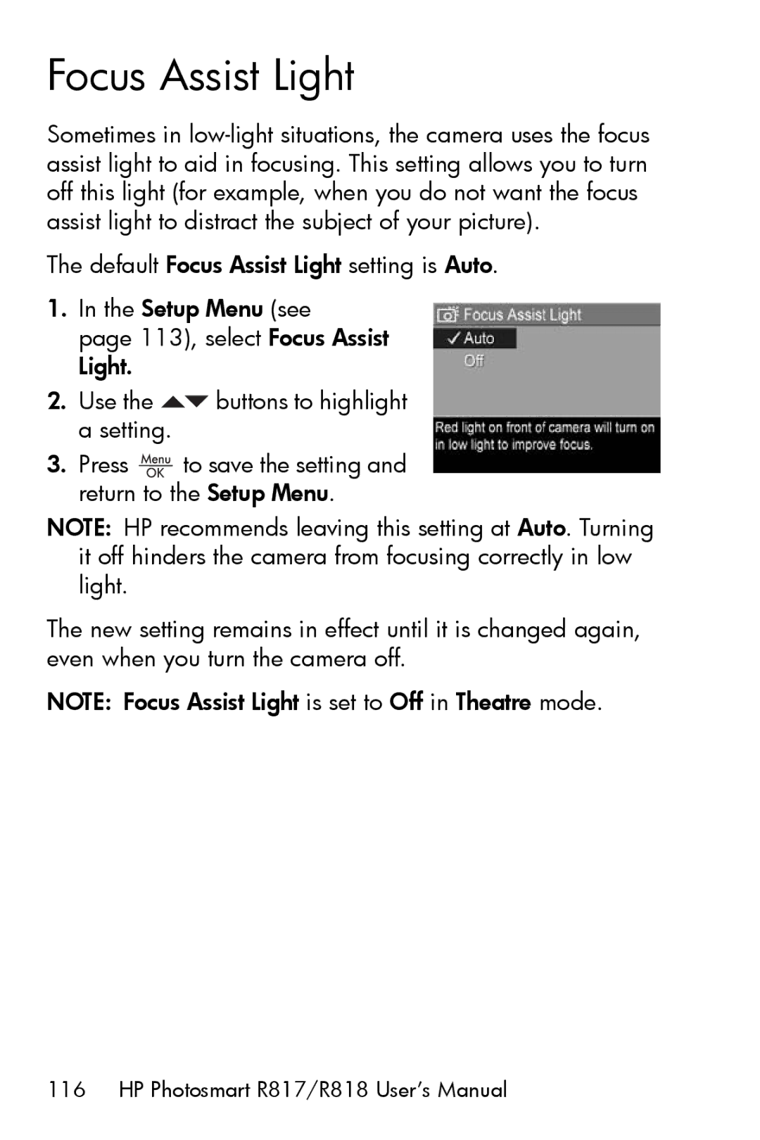 HP R817 manual Focus Assist Light 