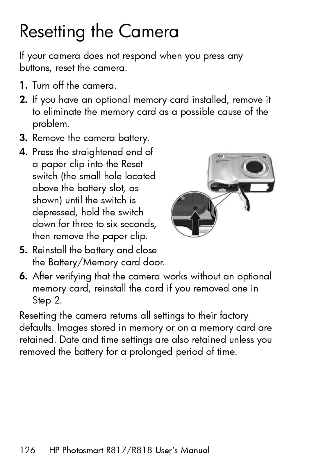 HP R817 manual Resetting the Camera 