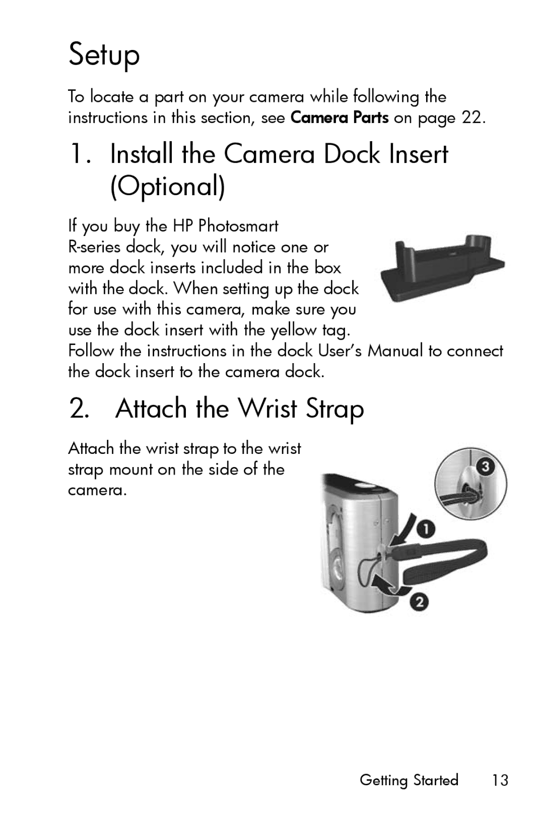 HP R817 manual Setup, Install the Camera Dock Insert Optional, Attach the Wrist Strap 