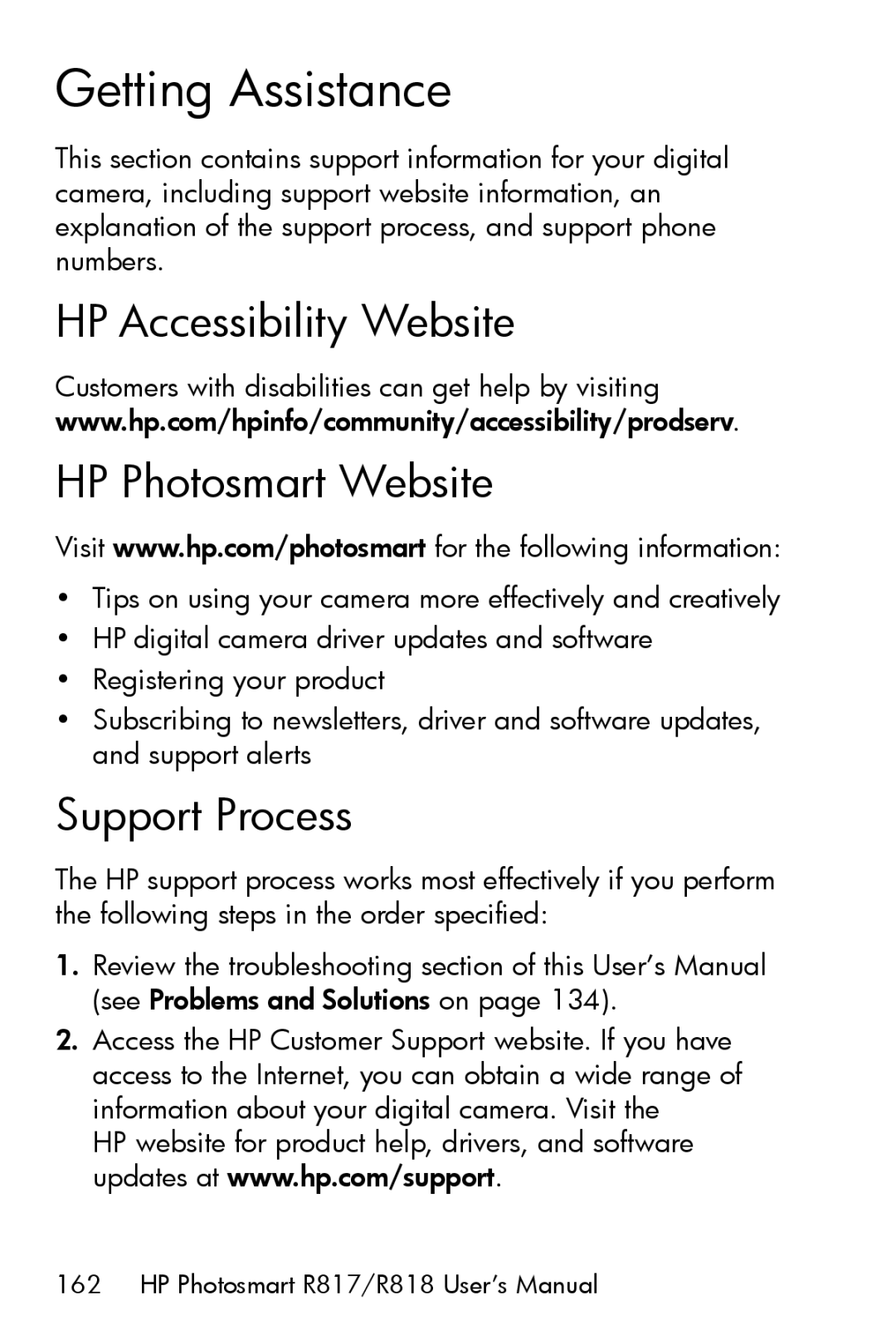 HP R817 manual Getting Assistance, HP Accessibility Website HP Photosmart Website, Support Process 