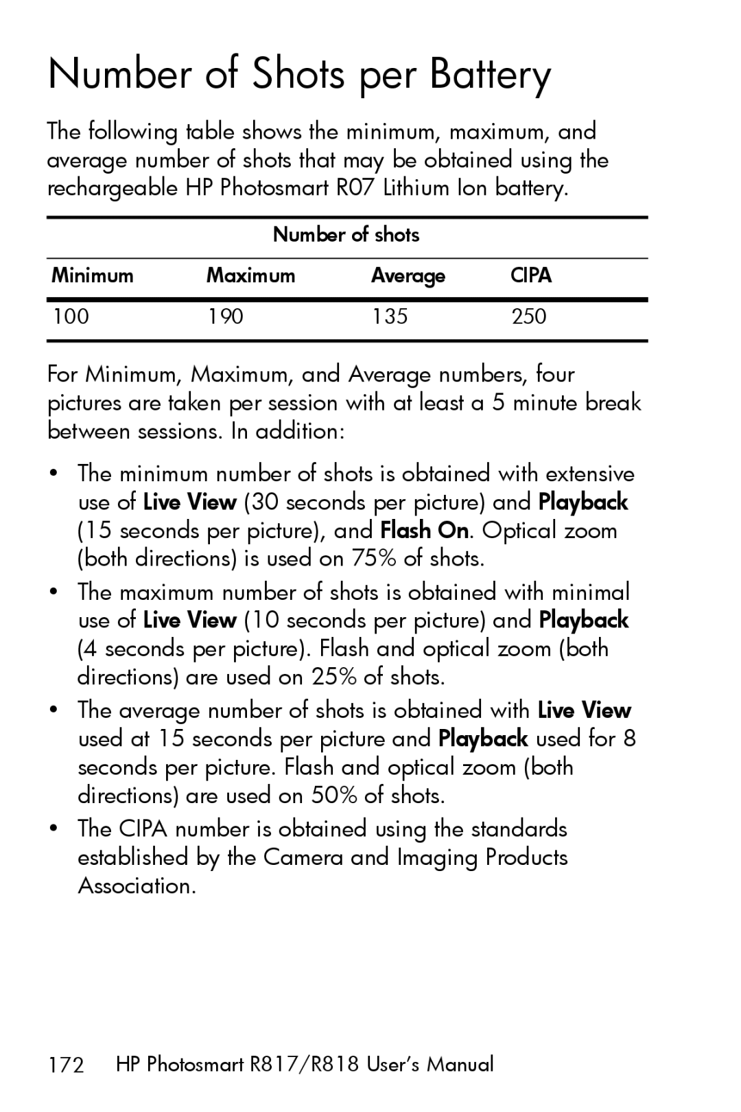 HP R817 manual Number of Shots per Battery 