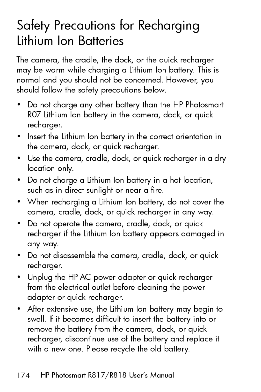 HP R817 manual Safety Precautions for Recharging Lithium Ion Batteries 