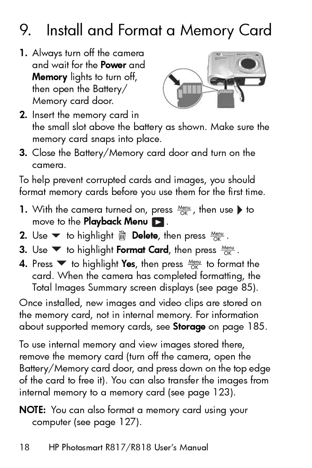 HP R817 manual Install and Format a Memory Card 