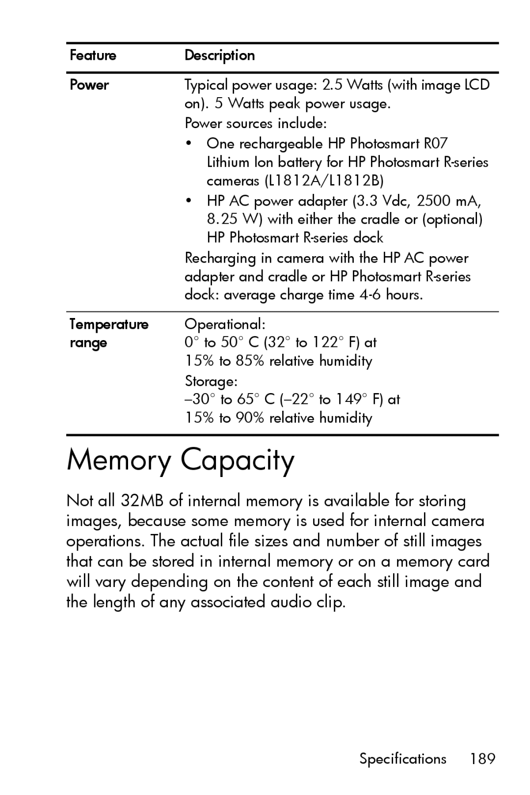 HP R817 manual Memory Capacity 