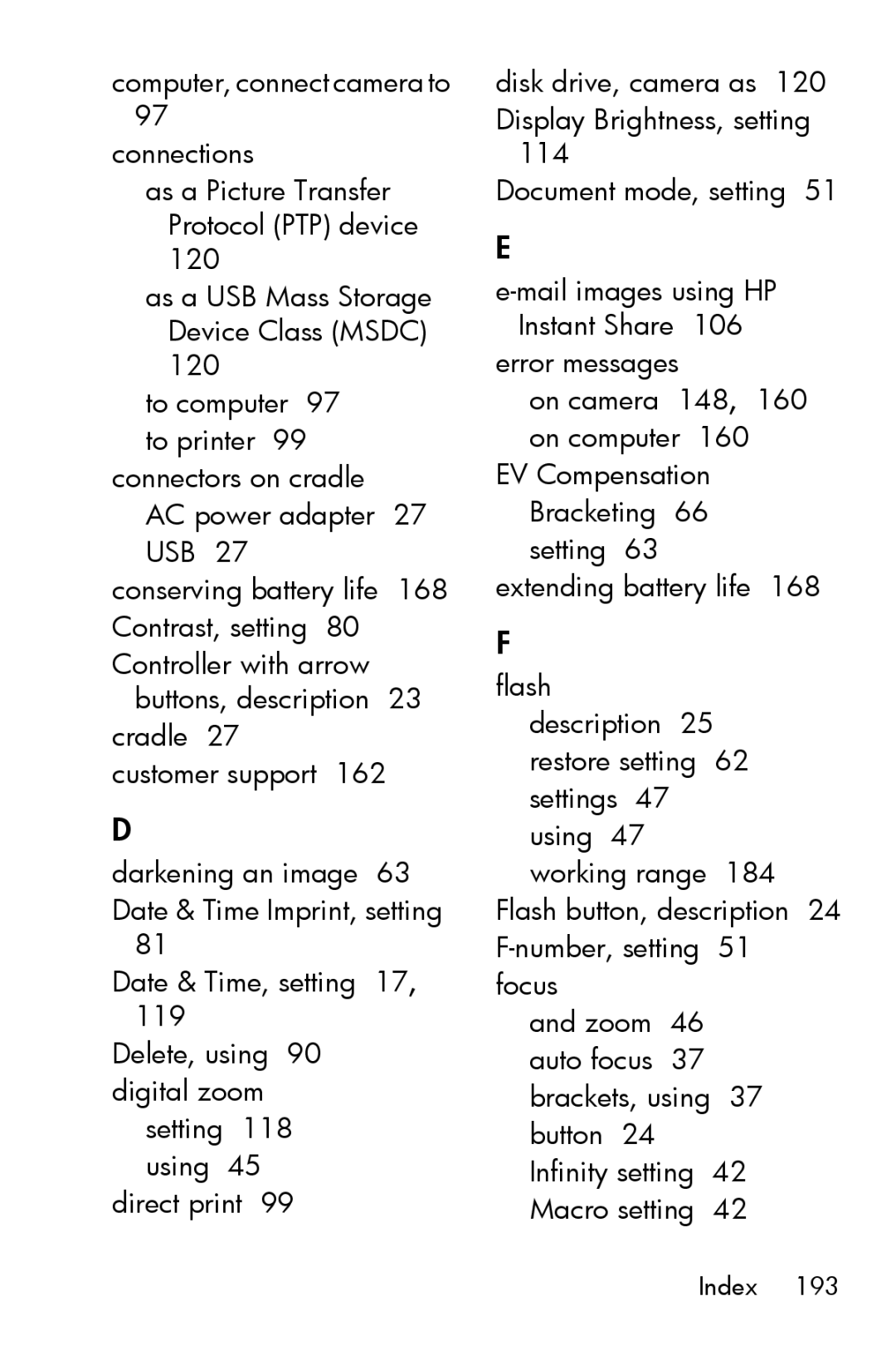 HP R817 manual Document mode, setting, Error messages On camera 148, 160 on computer 