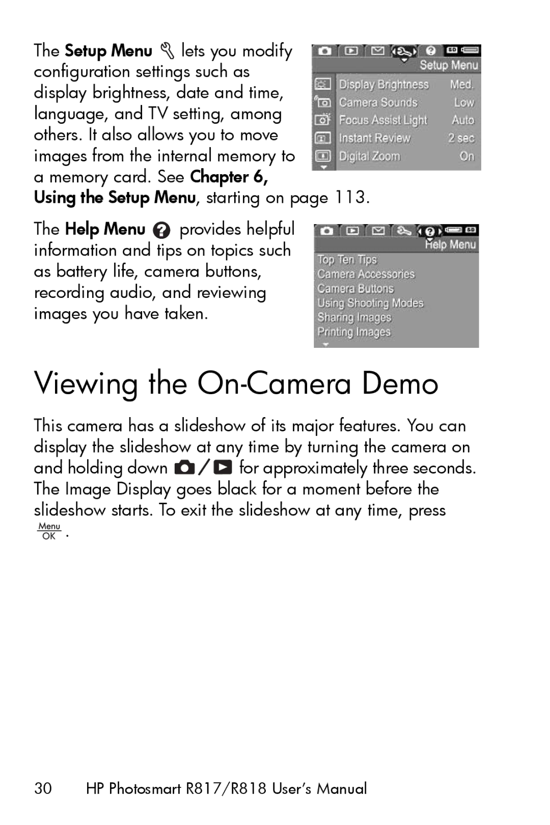 HP R817 manual Viewing the On-Camera Demo 