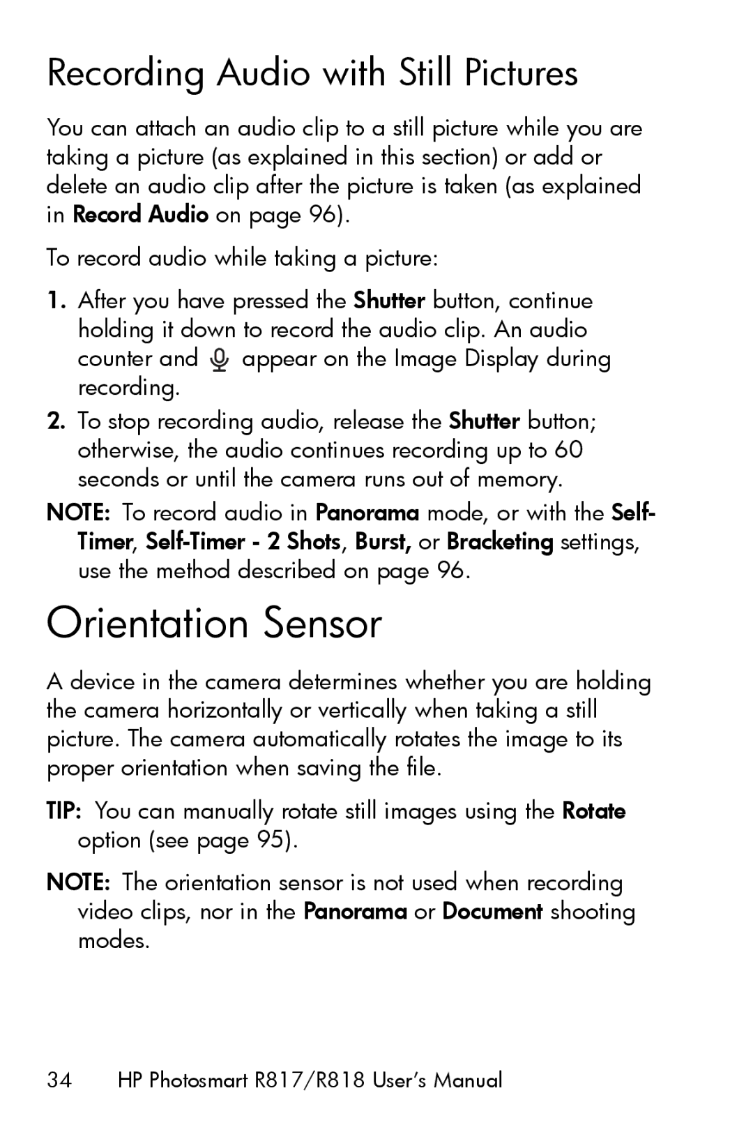 HP R817 manual Orientation Sensor, Recording Audio with Still Pictures 