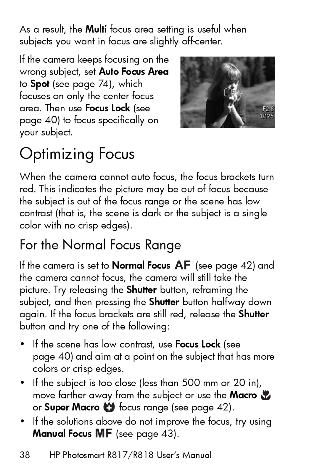 HP R817 manual Optimizing Focus, For the Normal Focus Range 