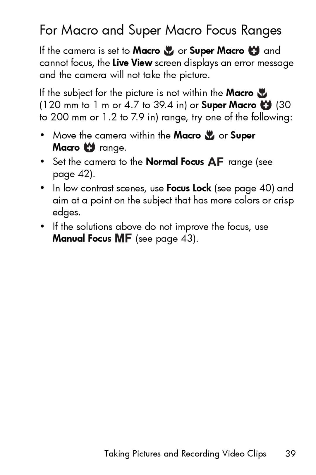 HP R817 manual For Macro and Super Macro Focus Ranges 