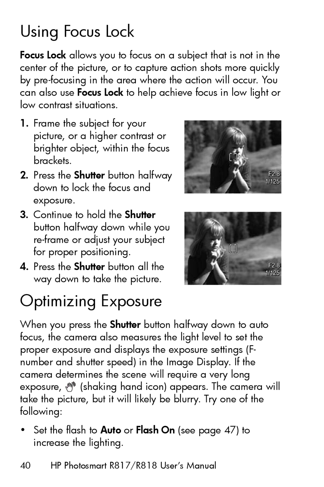 HP R817 manual Using Focus Lock, Optimizing Exposure 