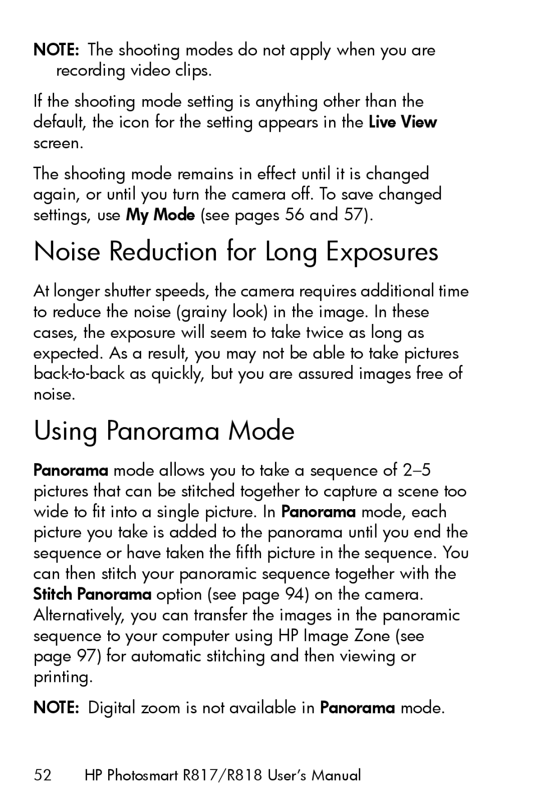 HP R817 manual Noise Reduction for Long Exposures, Using Panorama Mode 