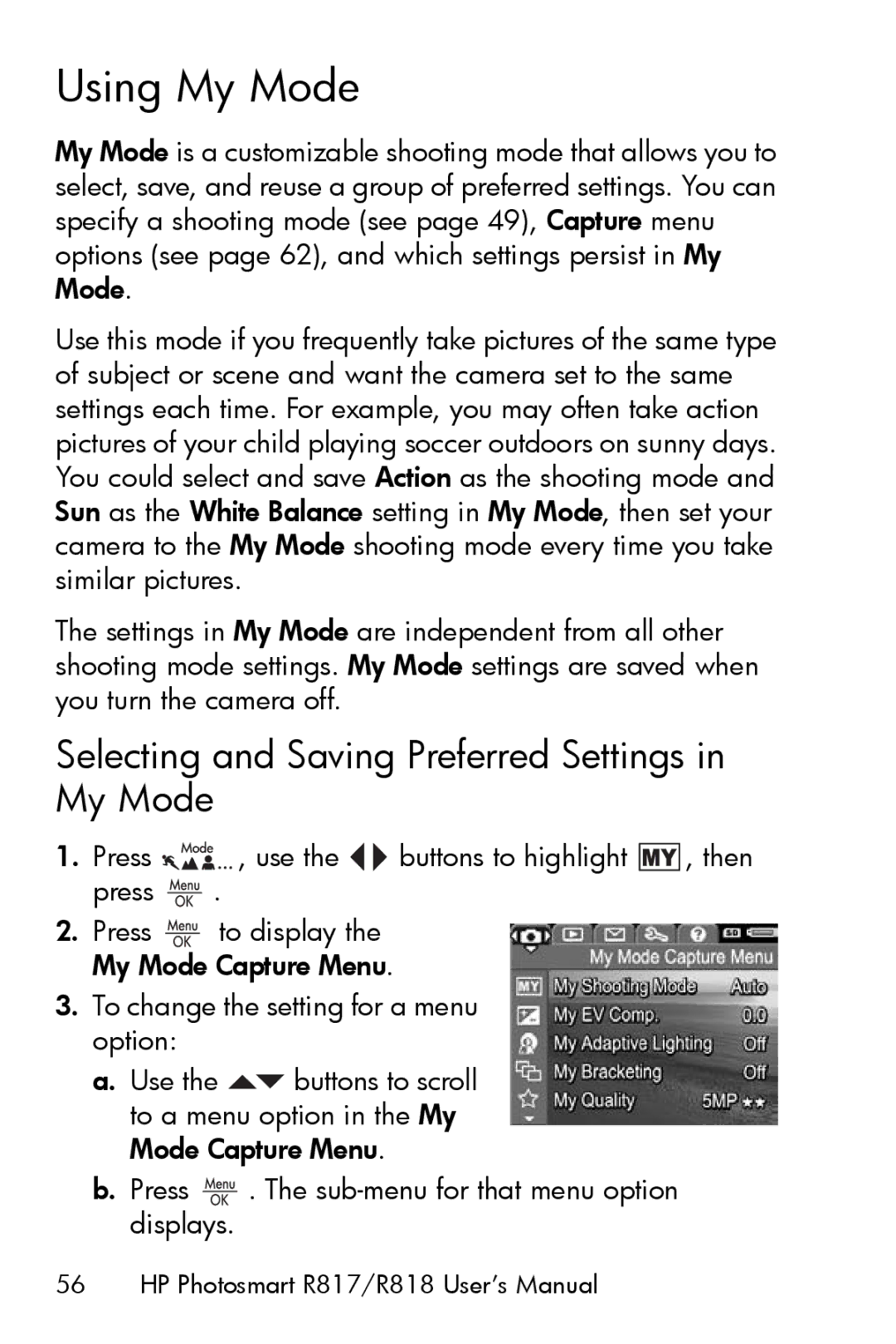 HP R817 manual Using My Mode, Selecting and Saving Preferred Settings in My Mode 