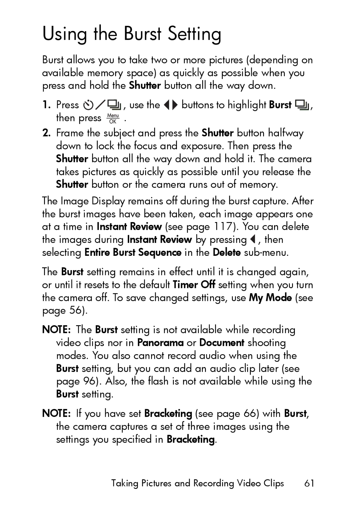 HP R817 manual Using the Burst Setting, Press , use the buttons to highlight Burst , then press 