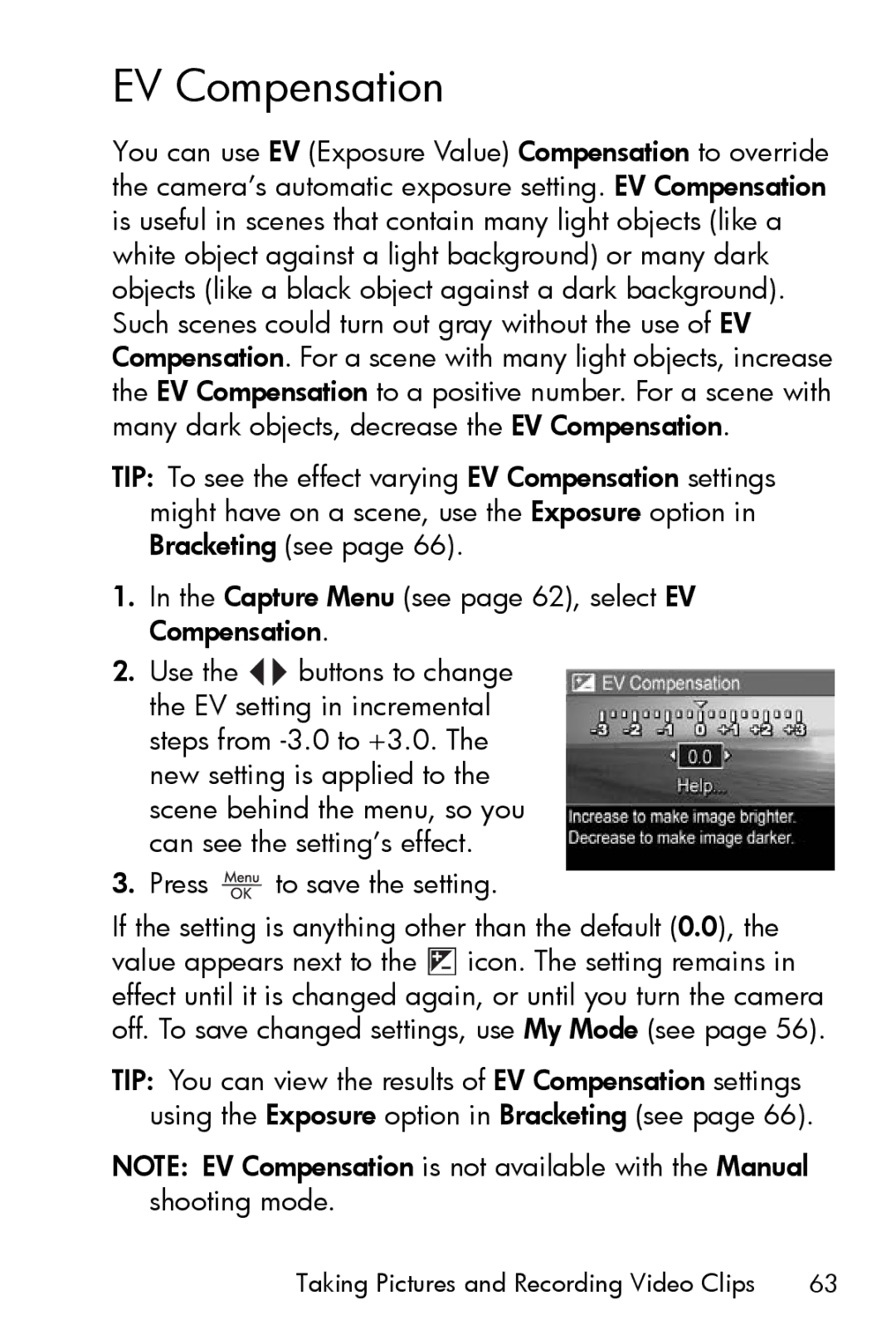 HP R817 manual EV Compensation, Press to save the setting 