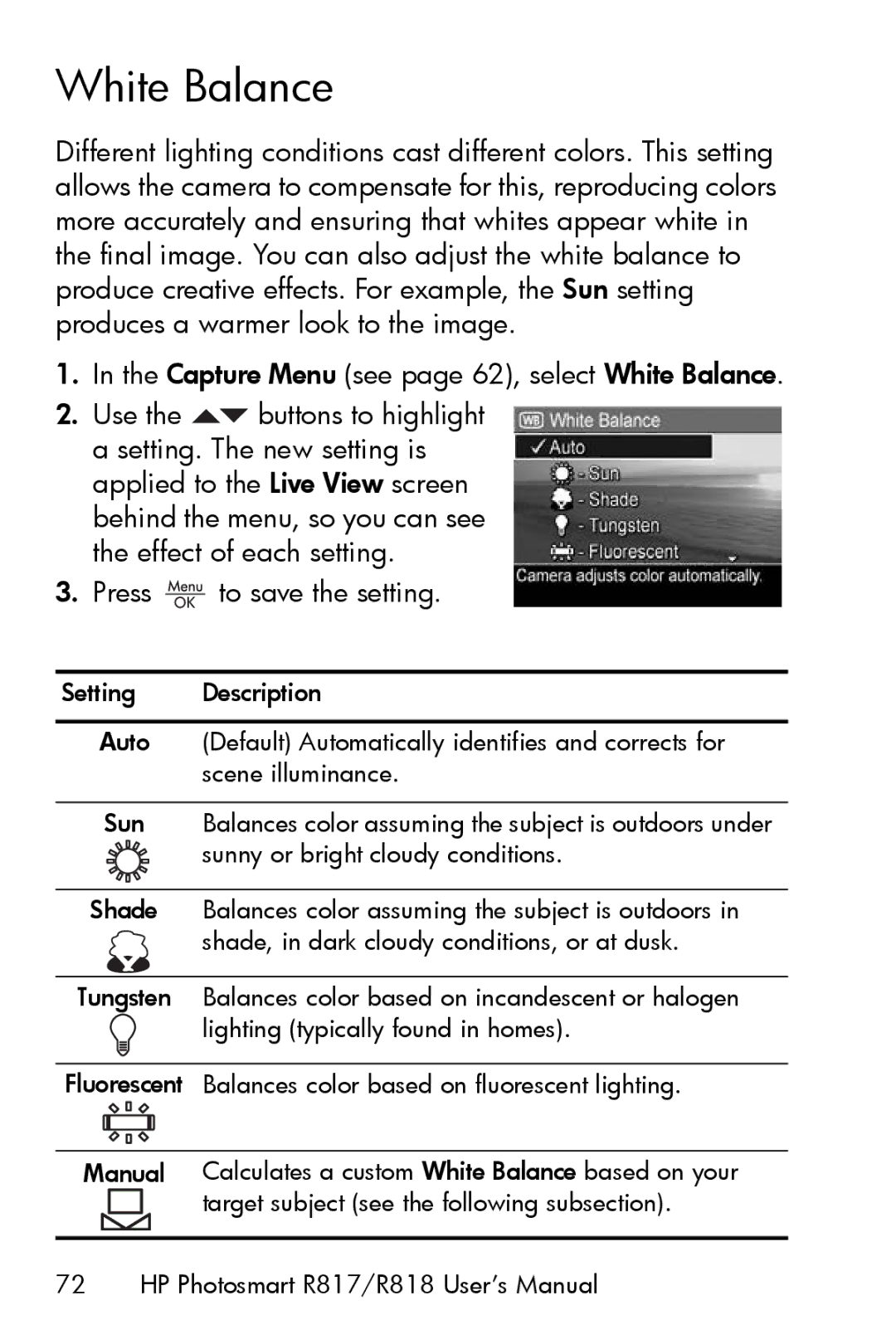 HP R817 manual Capture Menu see page 62, select White Balance 