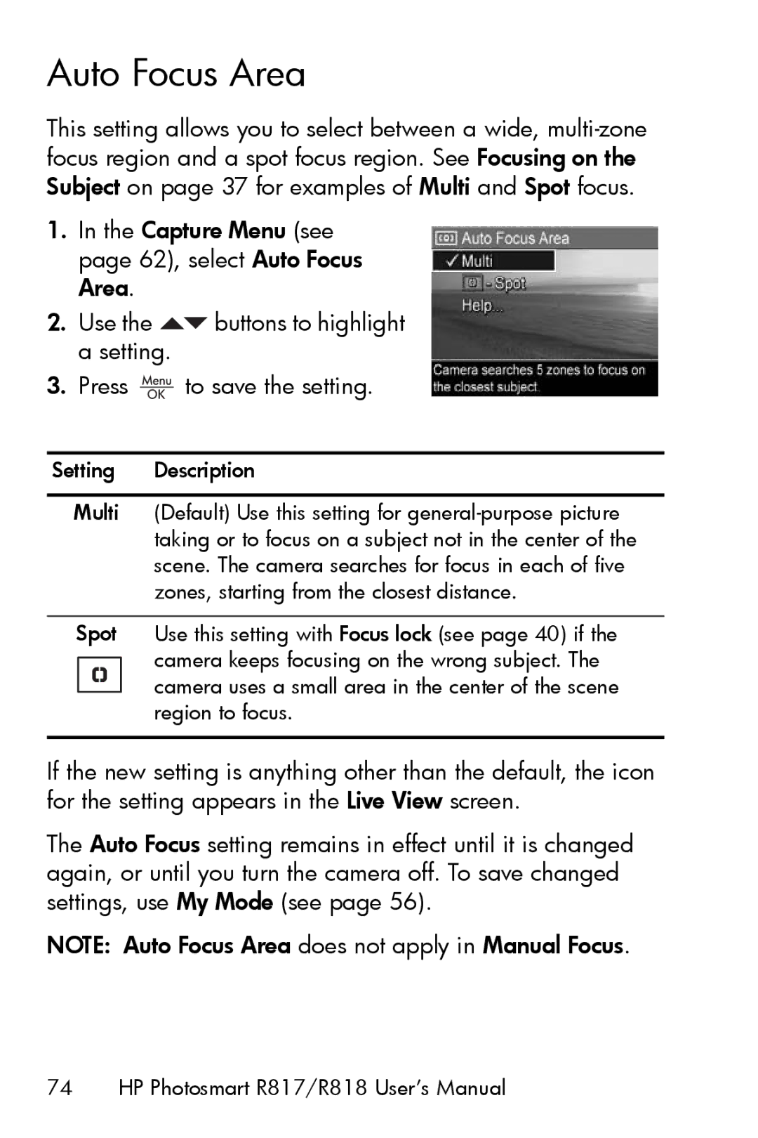 HP R817 manual Auto Focus Area 