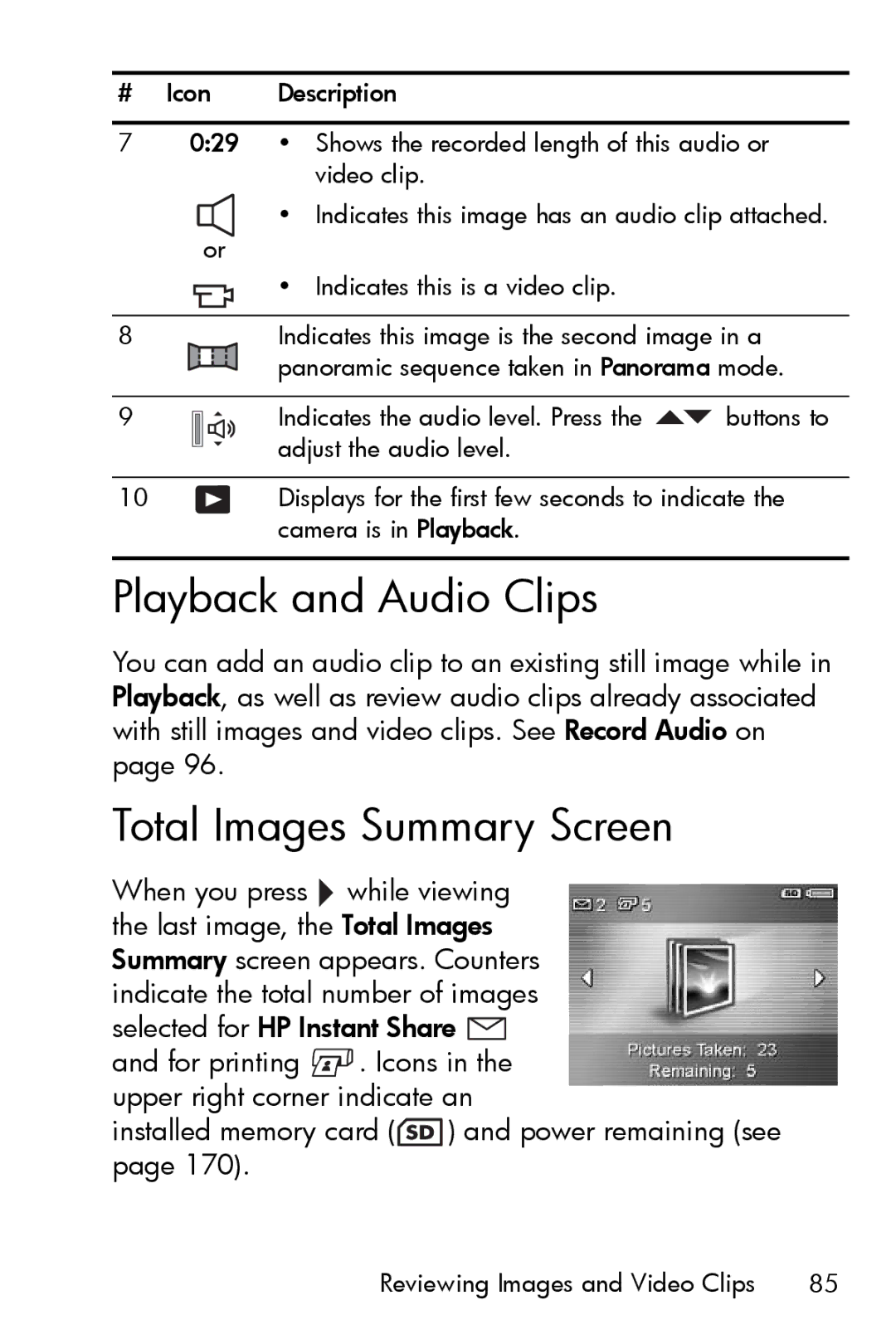 HP R817 manual Playback and Audio Clips, Total Images Summary Screen, Installed memory card and power remaining see 