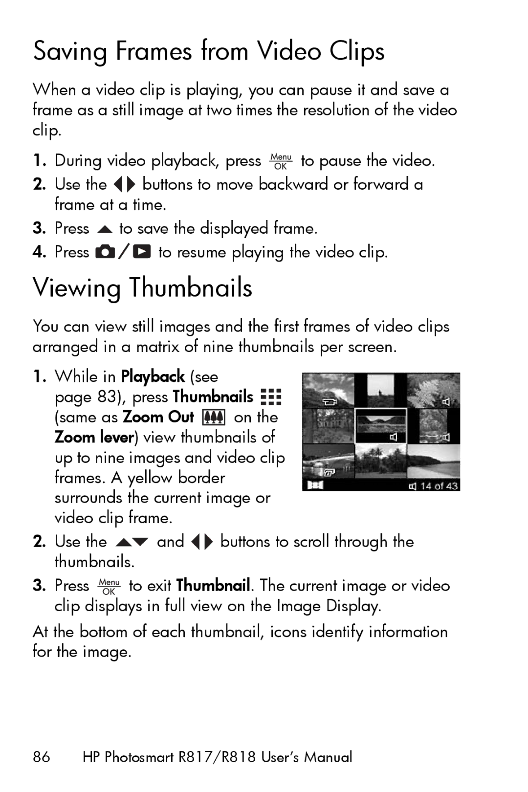 HP R817 manual Saving Frames from Video Clips, Viewing Thumbnails 