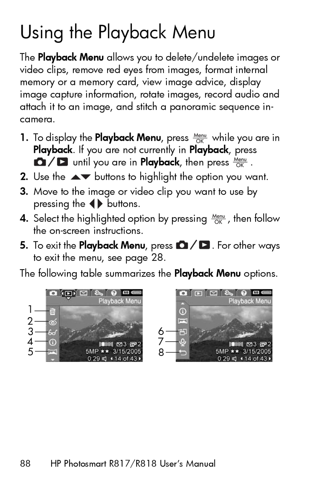 HP R817 manual Using the Playback Menu 