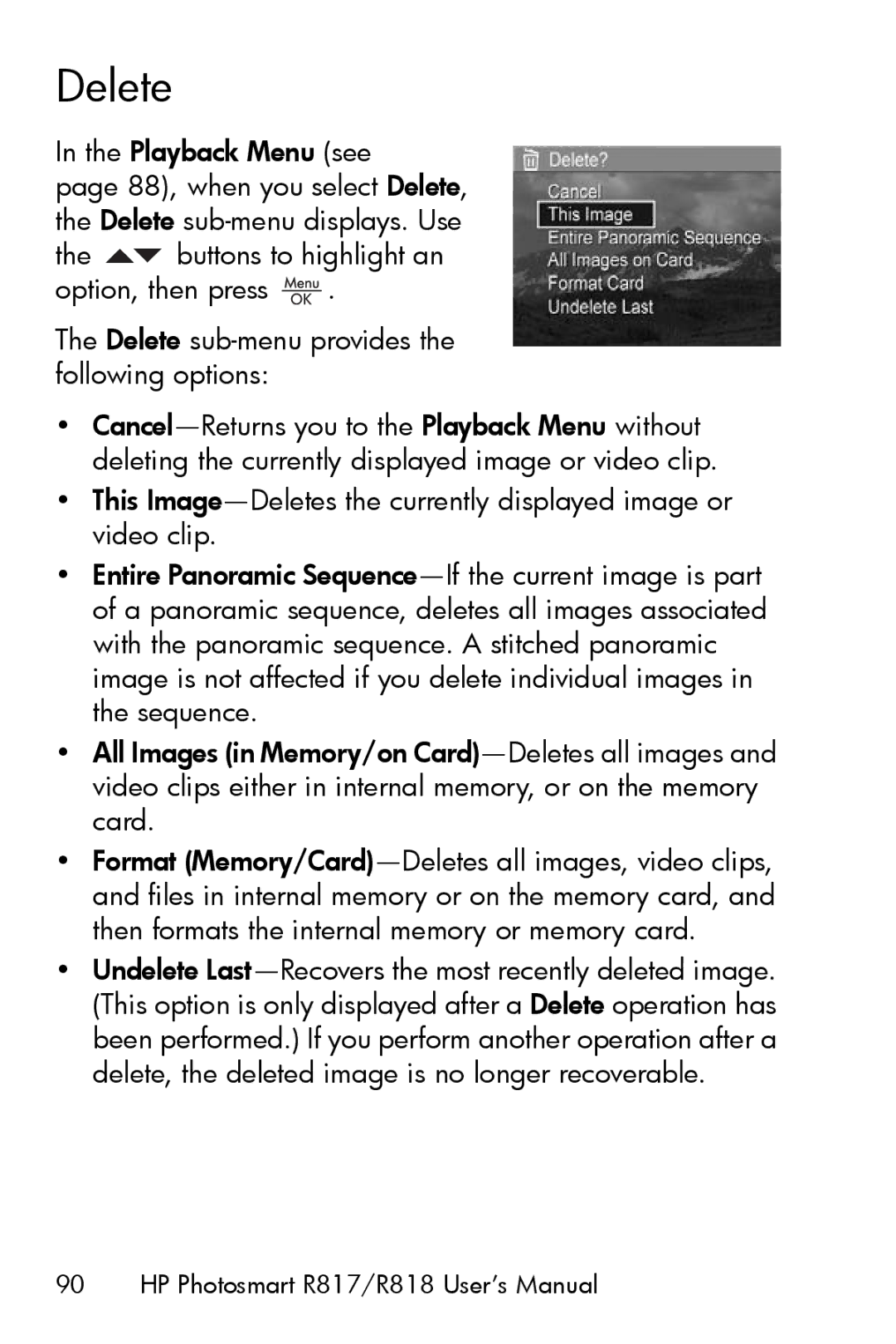 HP R817 manual Delete, Playback Menu see 