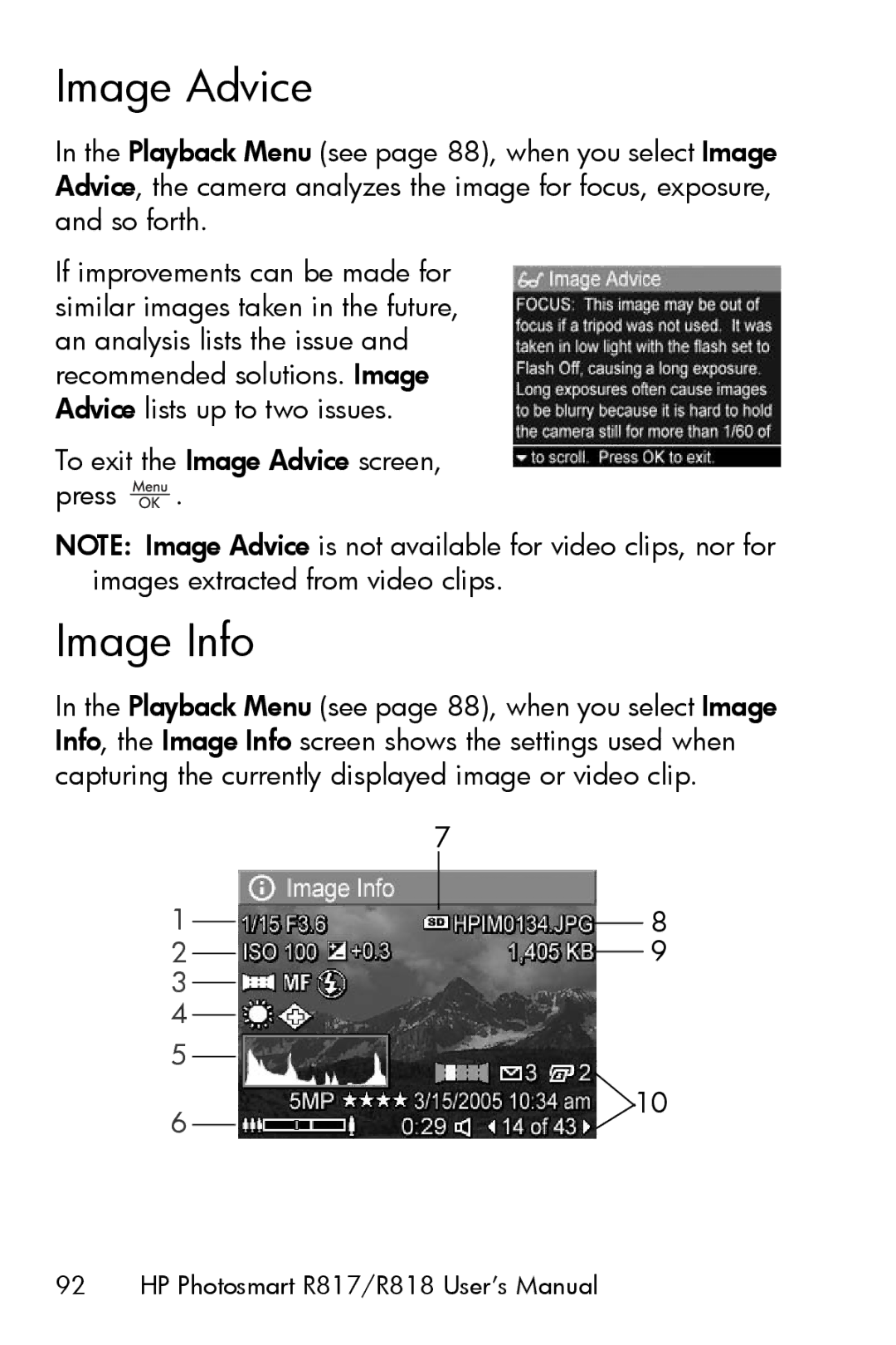 HP R817 manual Image Info, To exit the Image Advice screen, press 