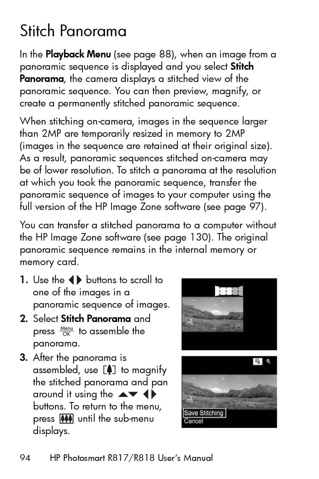 HP R817 manual Stitch Panorama, Press until the sub-menu displays 