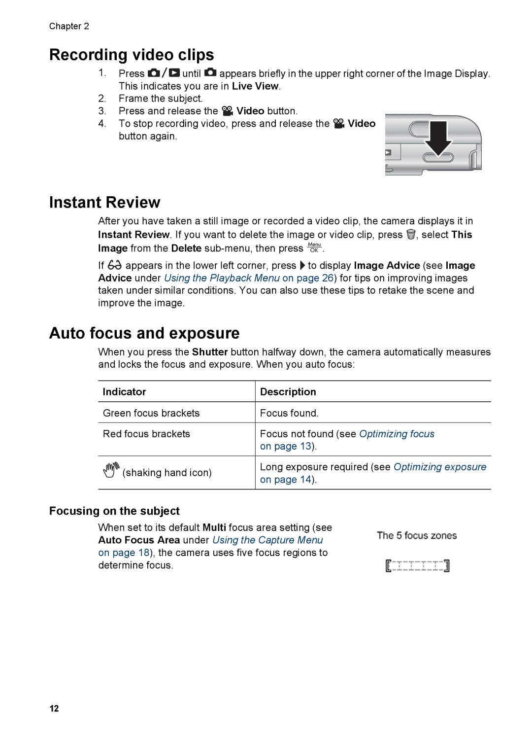 HP R827 manual Recording video clips, Instant Review, Auto focus and exposure, Focusing on the subject 