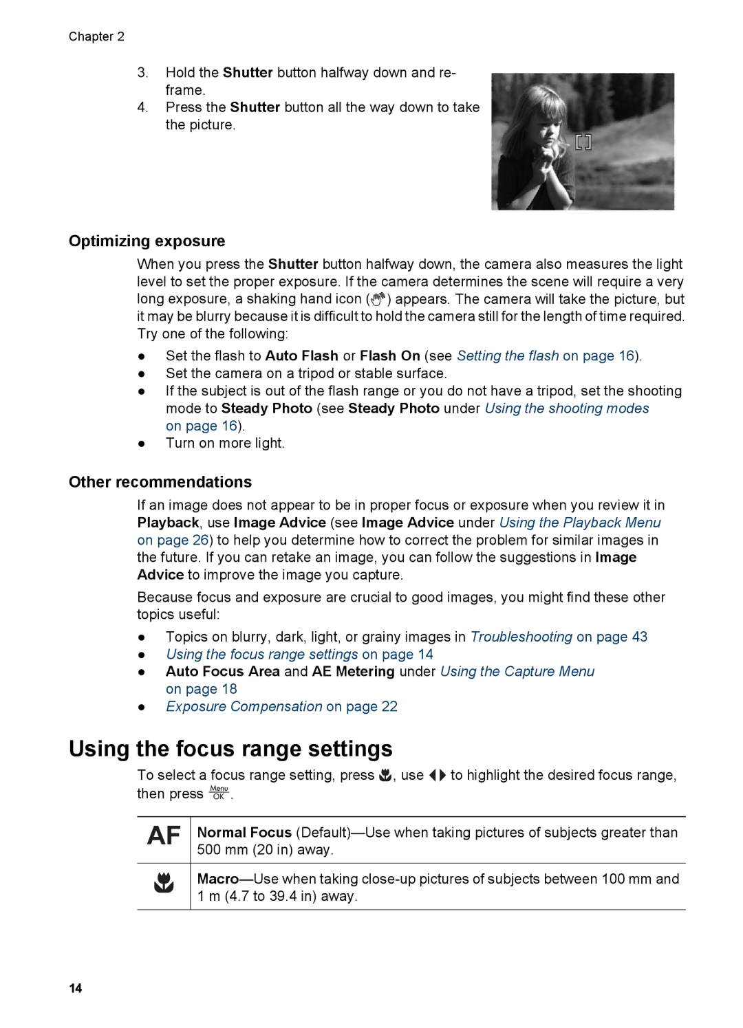 HP R827 manual Using the focus range settings, Optimizing exposure, Other recommendations 