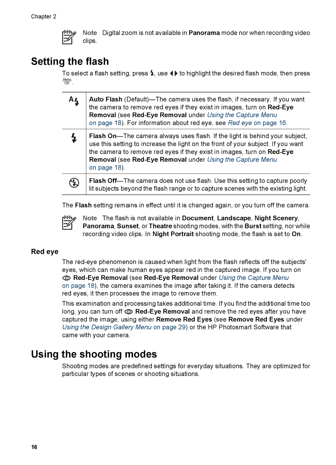 HP R827 manual Setting the flash, Using the shooting modes, Red eye 