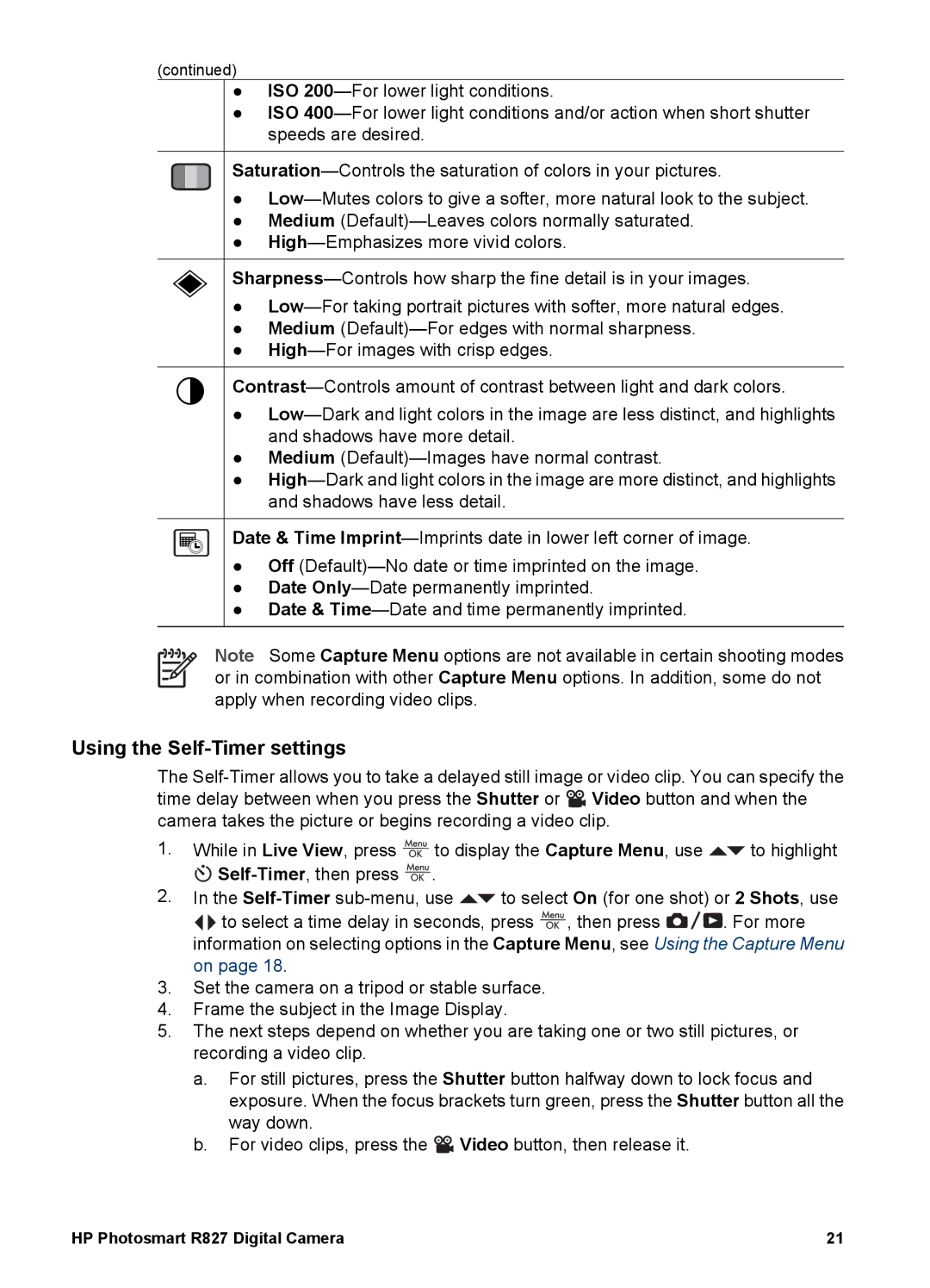 HP R827 manual Using the Self-Timer settings 