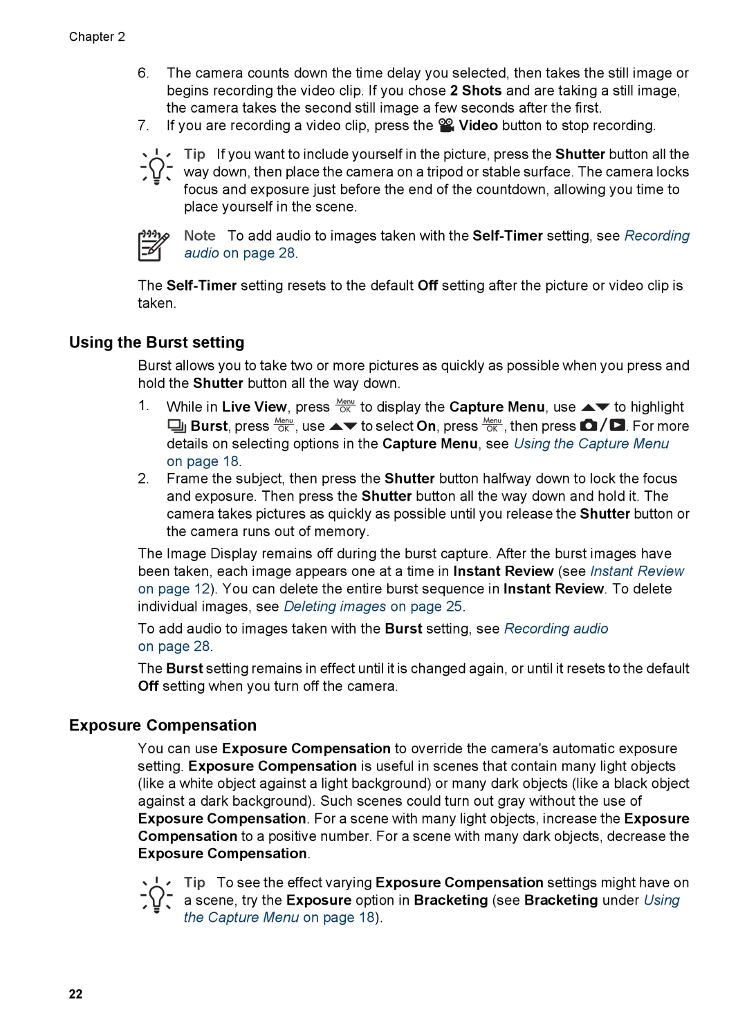 HP R827 manual Using the Burst setting, Exposure Compensation 