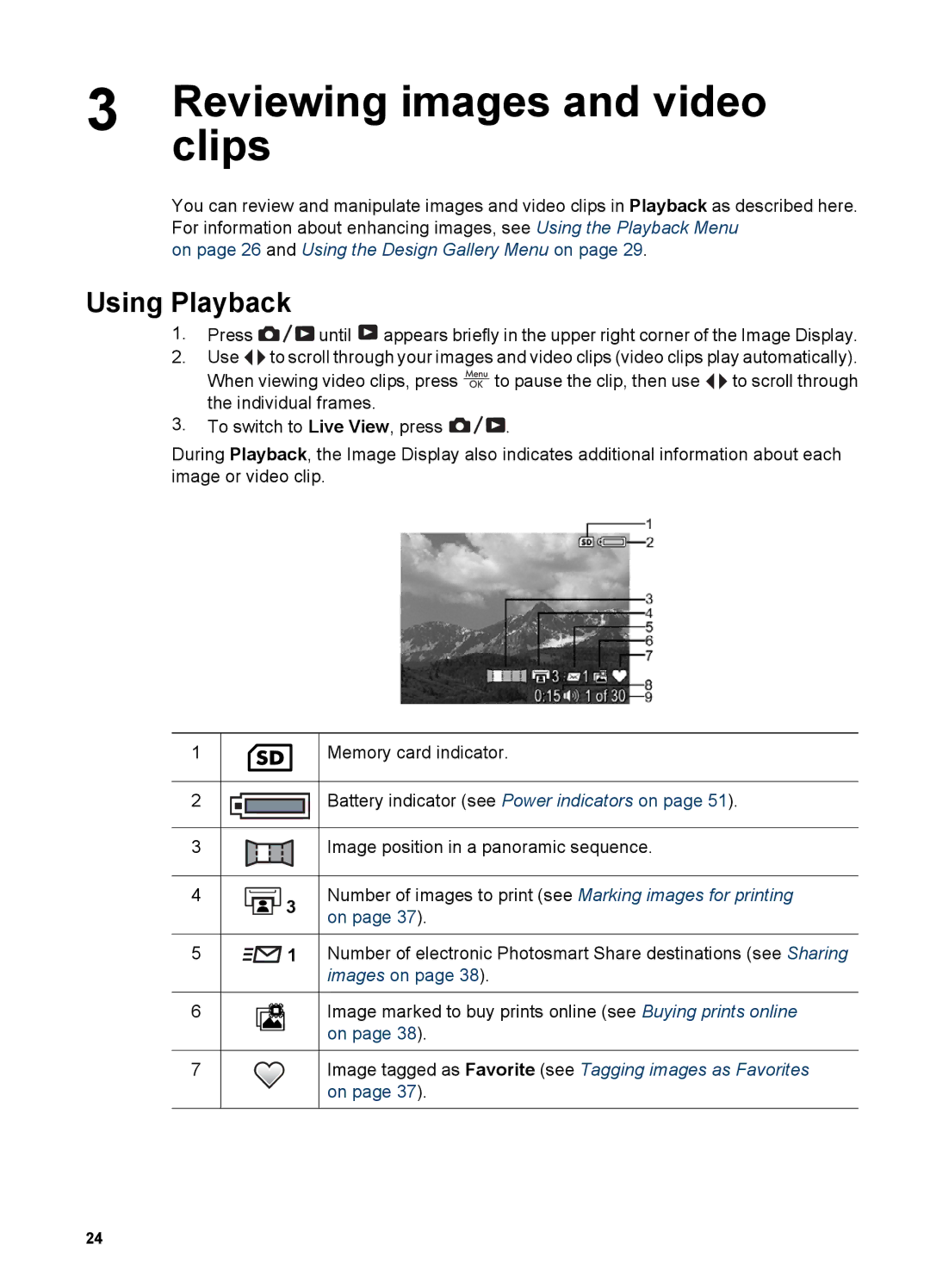 HP R827 manual Reviewing images and video, Clips, Using Playback 