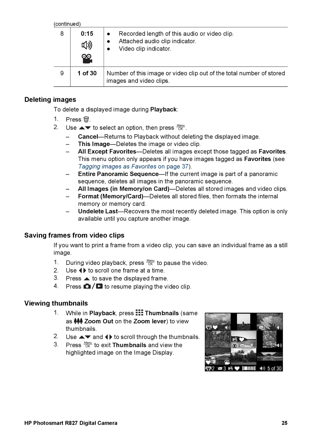 HP R827 manual Deleting images, Saving frames from video clips, Viewing thumbnails, 015 