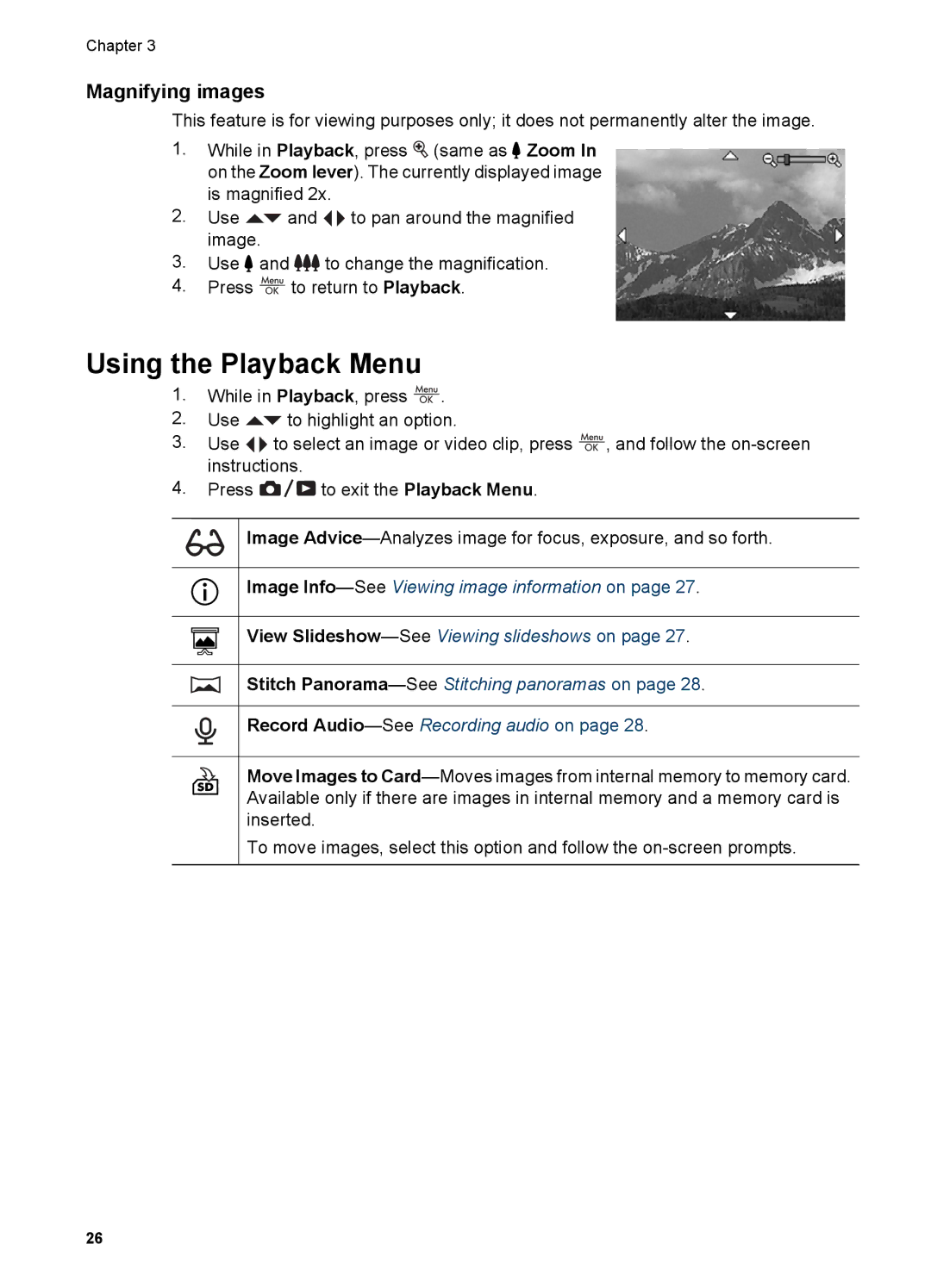 HP R827 manual Using the Playback Menu, Magnifying images 