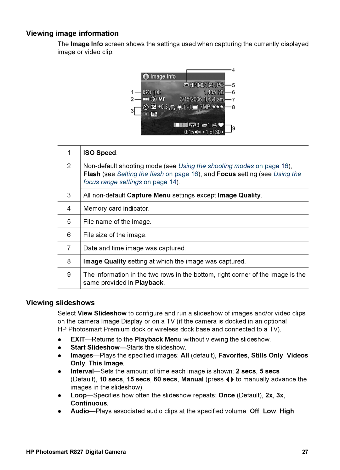 HP R827 manual Viewing image information, Viewing slideshows, ISO Speed 